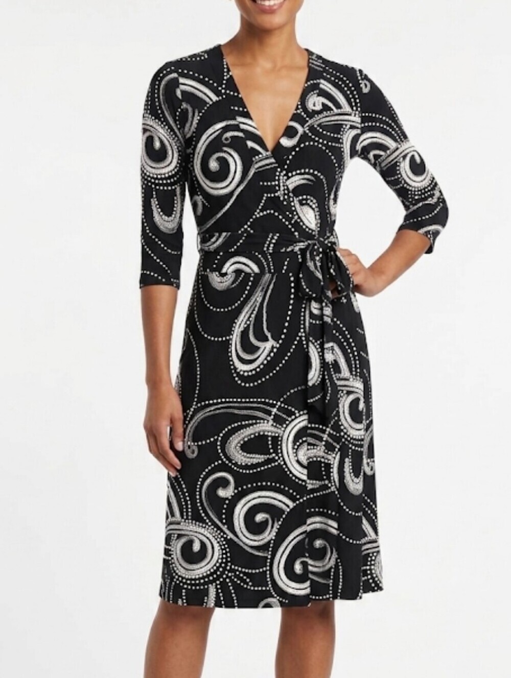 Bisou Bisou Black/Cream Paisley Print V Neck Wrap Midi Dress Size 4